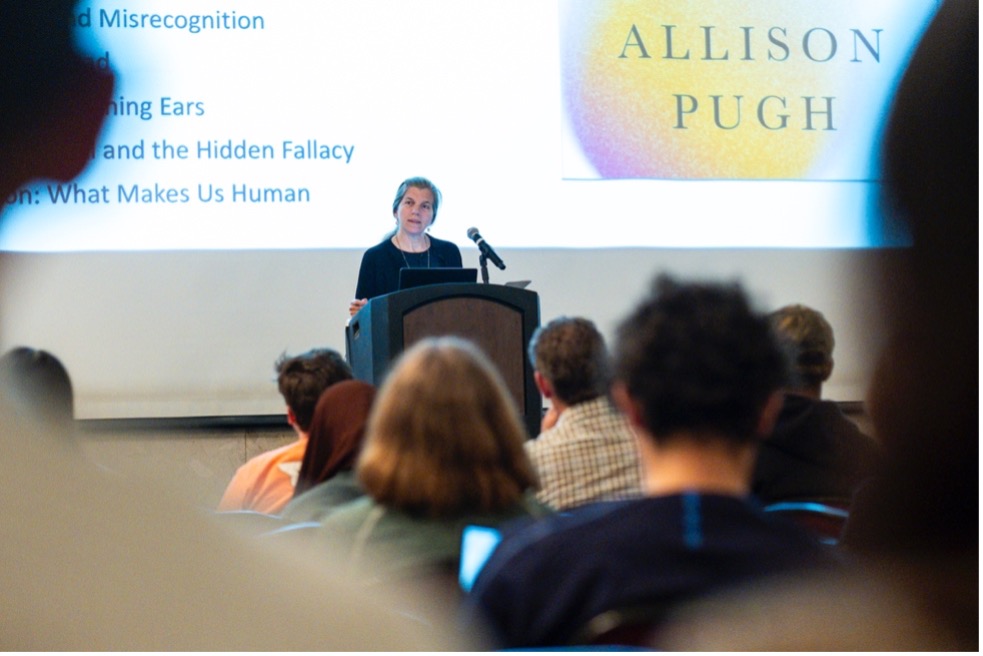 Allison Pugh speaking during her campus event.